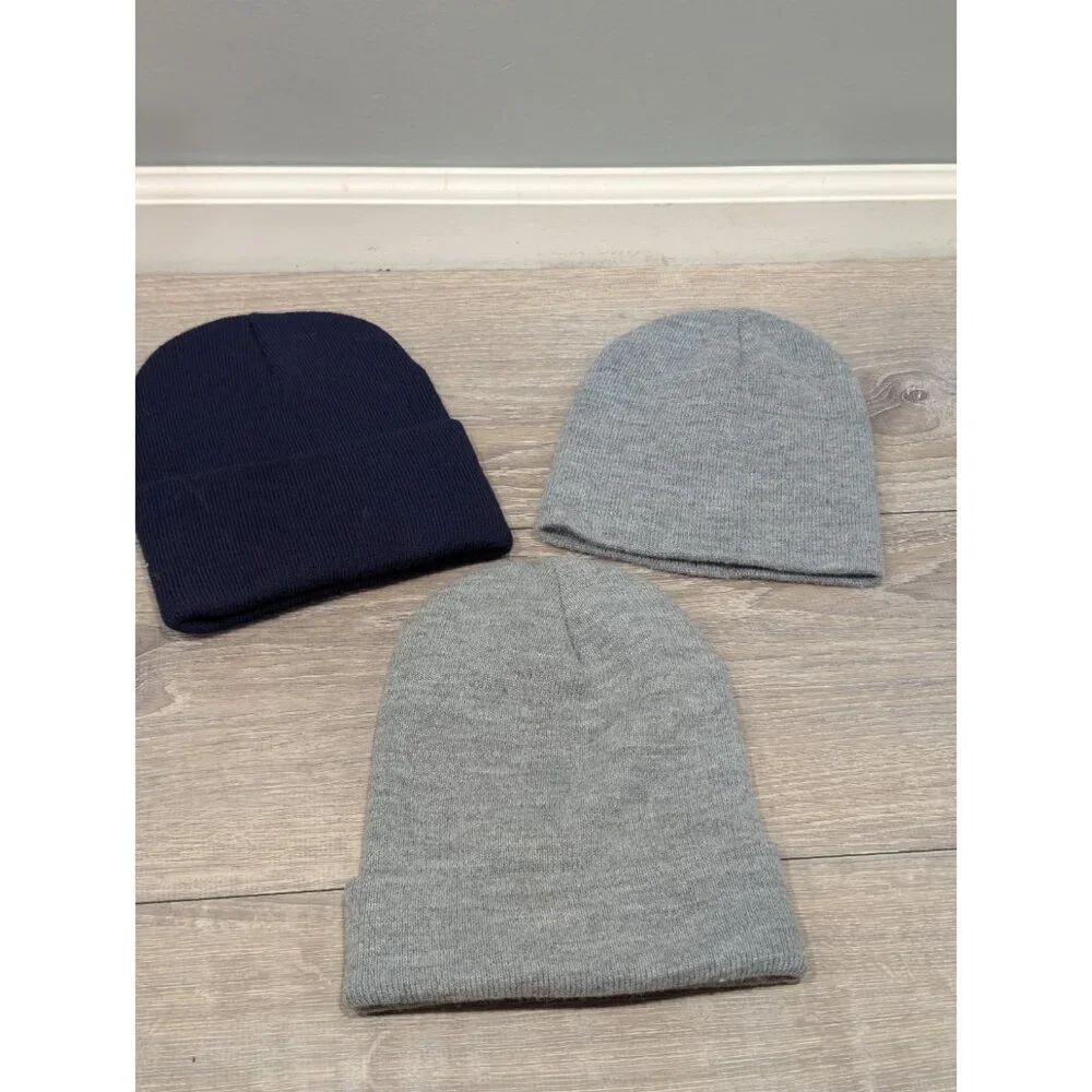 LOT OF 3 Carhartt Grey & Navy Blue Knit Cuffed Beanie Caps One Size Knit